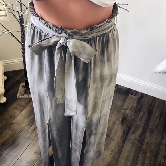 Wide Leg Slit Front Silk Pants Acid Wash Gray, Tie - Picture 6 of 7